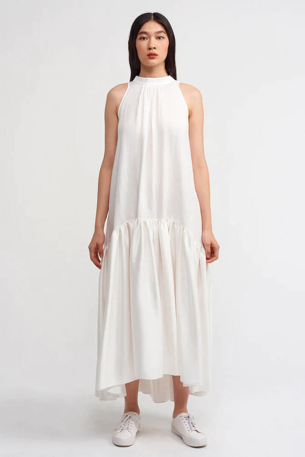 Nu Linen Mix Satin Halter Dress Off White