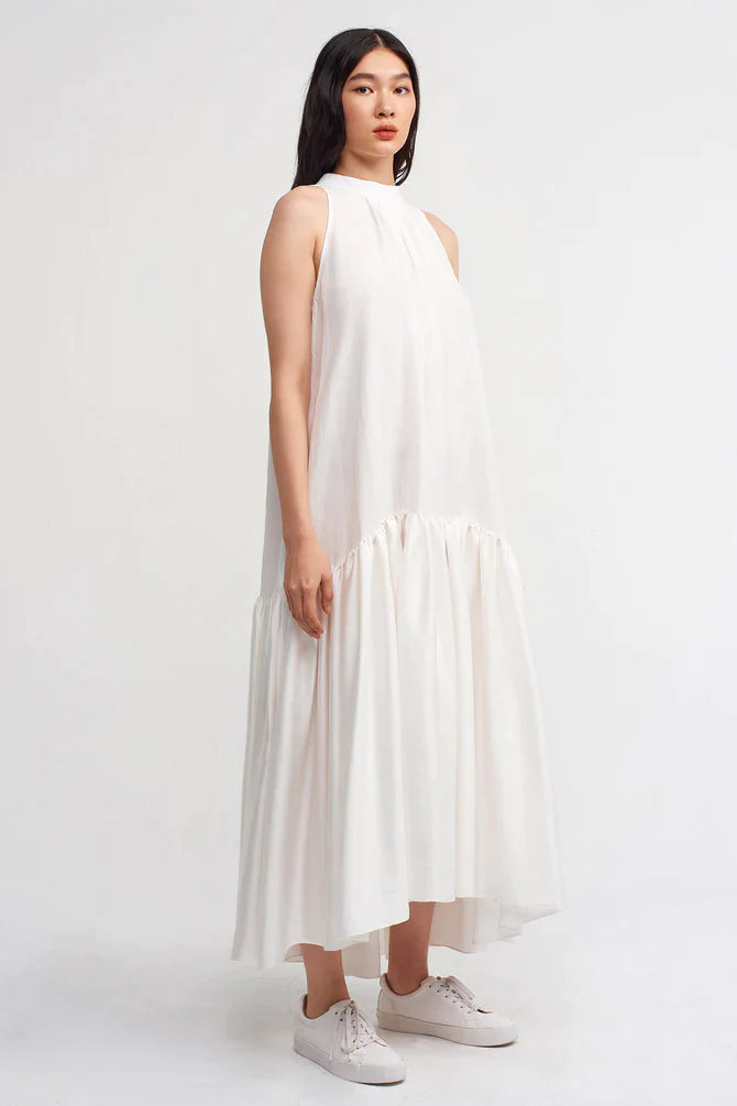 Nu Linen Mix Satin Halter Dress Off White