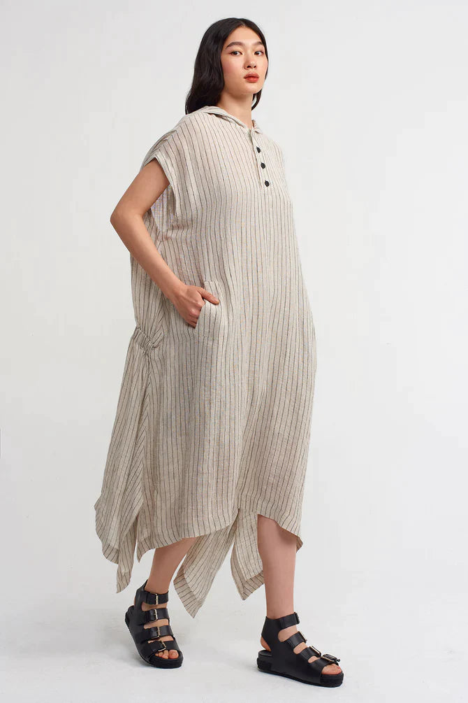 Nu Striped Hooded Asymmetrical Dress Light Grey