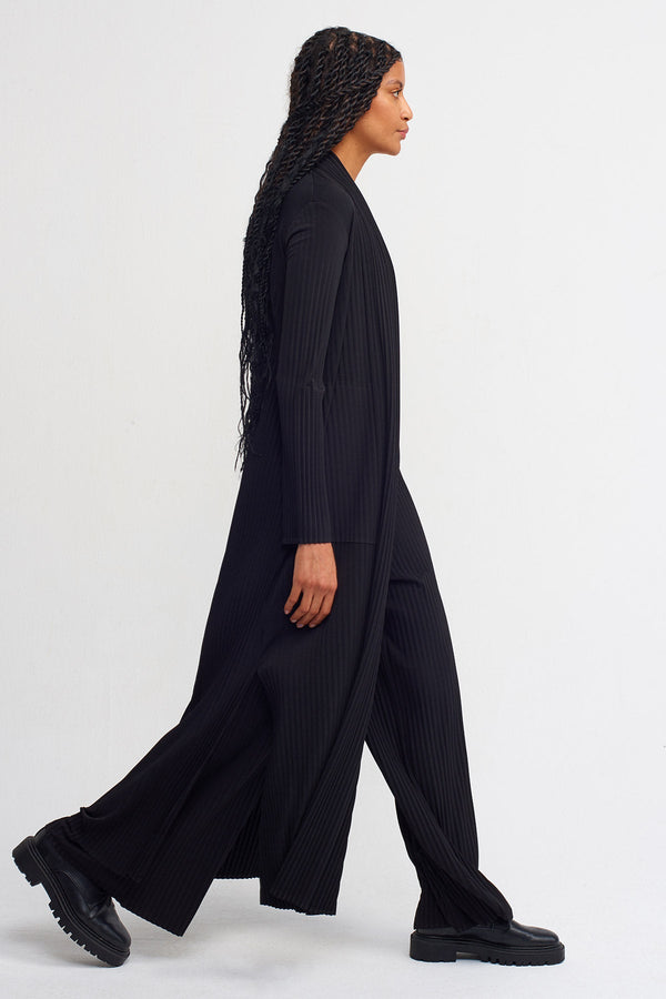 Nu Slit Detailed Long Pleated Cardigan Black