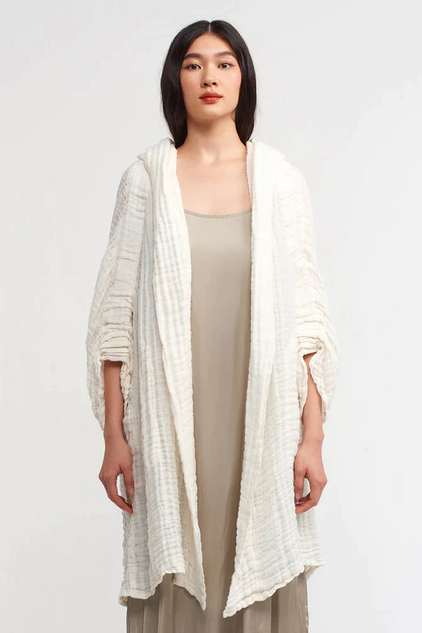 Nu Textured Hooded Midi Coat Off White