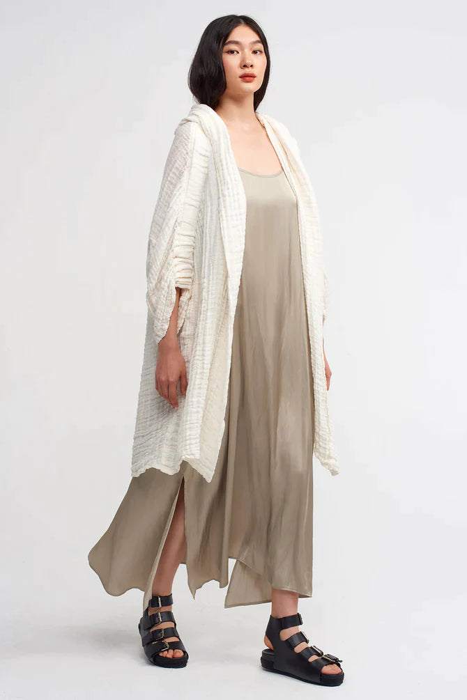 Nu Textured Hooded Midi Coat Off White