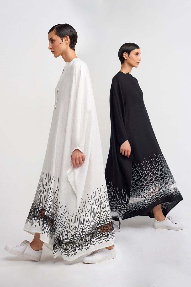 Nu Embroidered Hem Long Kaftan Dress Off White/Black