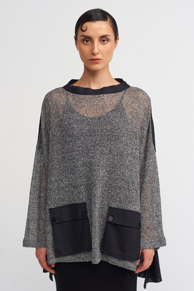 Nu Knit Pocketed Oversized Blouse Black & Grey