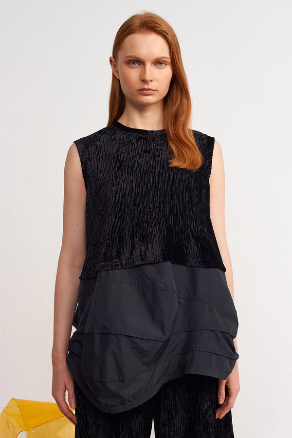 Nu Velvet Pleated, Taffeta Detailed Blouse Black