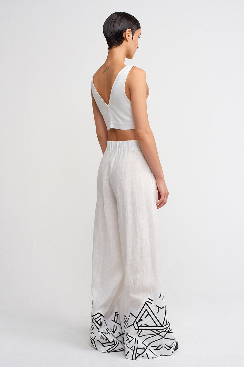 Nu Embroidered Pattern Wide-Leg Pants Off White/Black