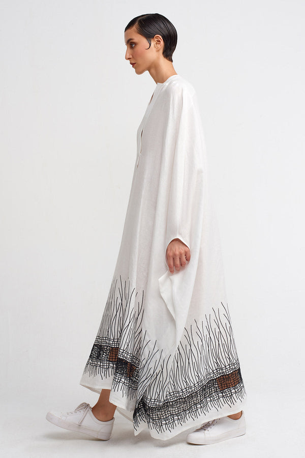 Nu Embroidered Hem Long Kaftan Dress Off White/Black