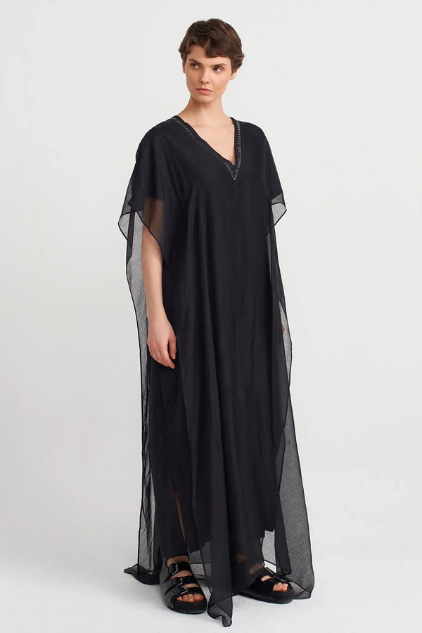 Nu Stitched Collar Long Kaftan Dress Black