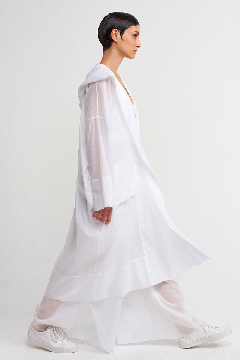 Nu Hooded Long Chiffon Jacket Off White