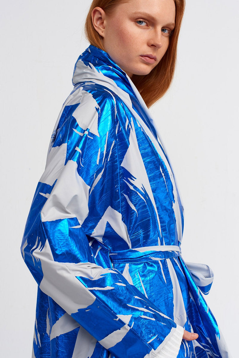 Nu Foil-Printed Long Jacket Blue