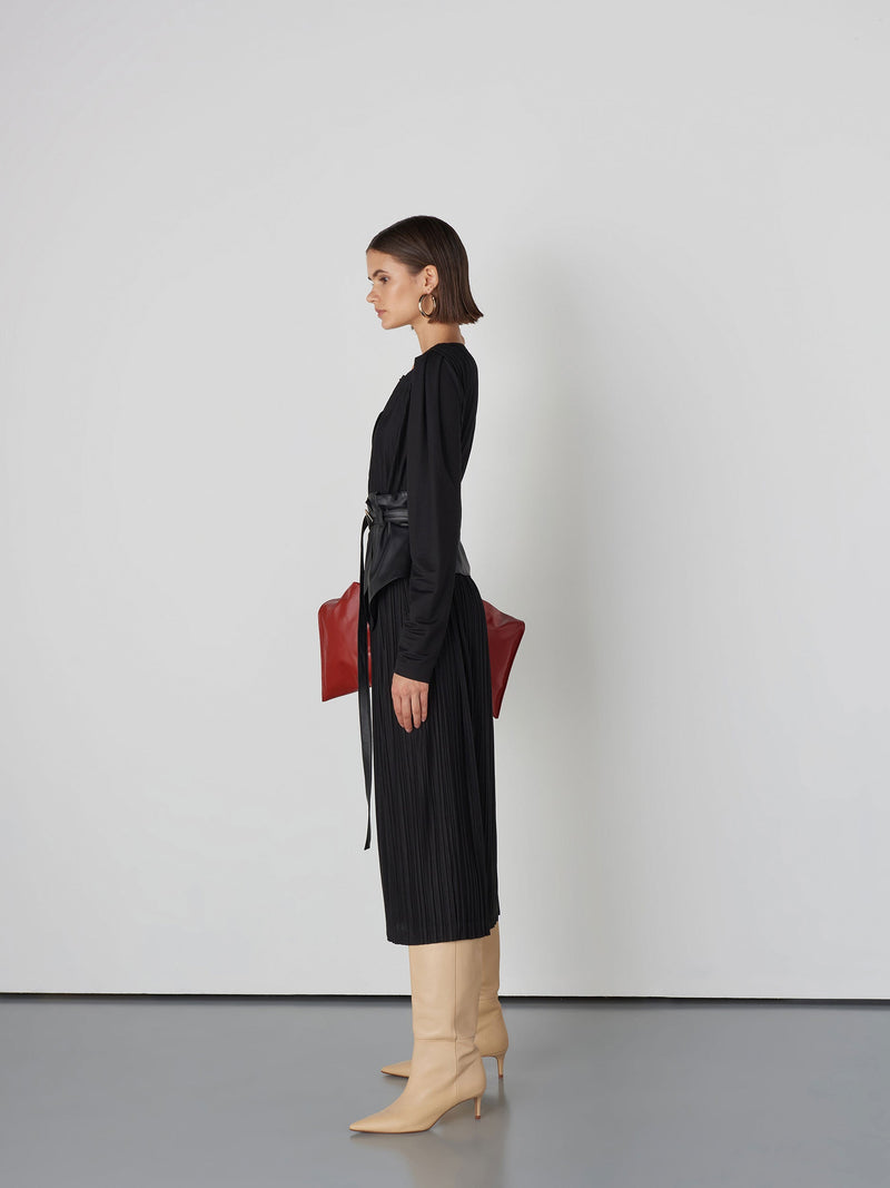 Baqa Pleated Dress With Leather Belt Black